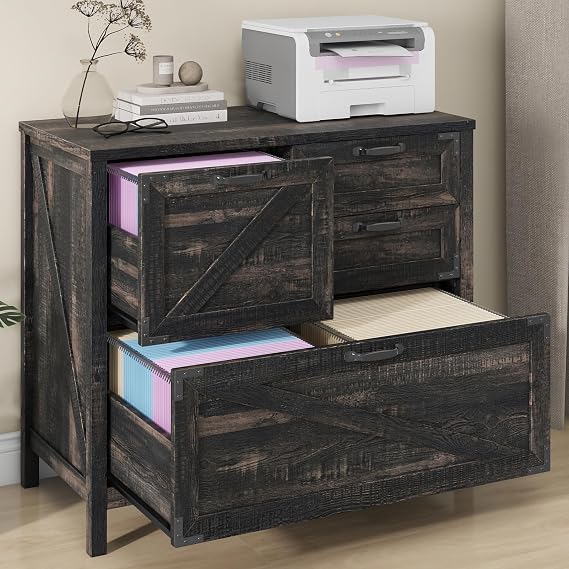 Halitaa Farmhouse Lateral Filing Cabinet with 4 Drawers, Dark Rustic Oak