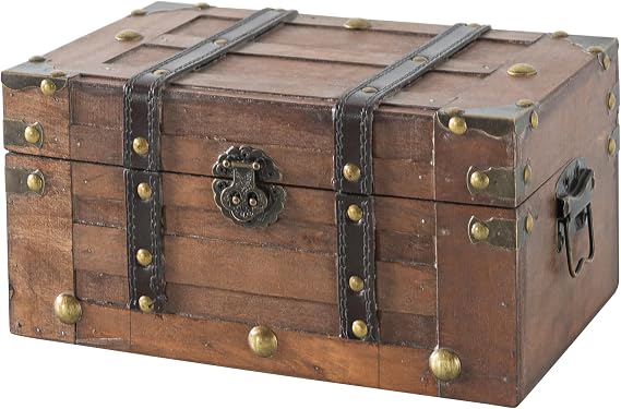 SLPR - Alexander Small Wooden Treasure Chest with Hinged Lid, 11x7x5.5 In