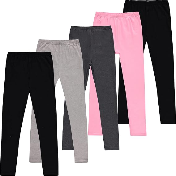 Toddler and Big Girls Leggings, Black Cotton Spandex Stretch Pants - Kids Dance Clothing, Yoga and Ballet Tights, 5-Pack