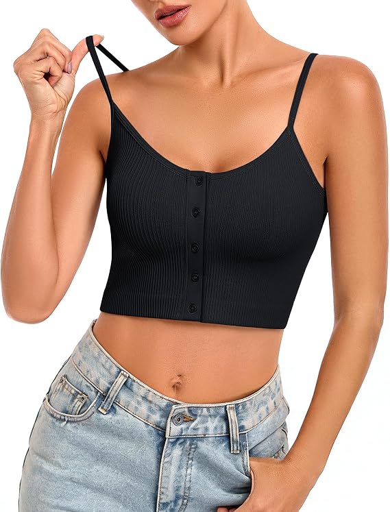 VEQKING Crop Tank Top for Women Ribbed Spaghetti Strap Button Front Cami