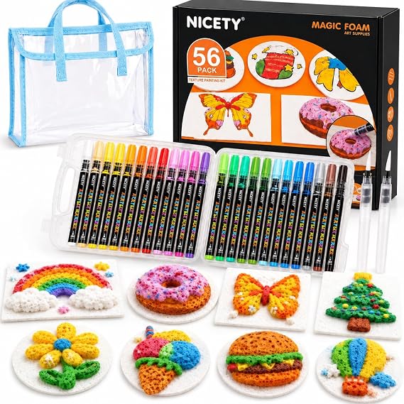 NICETY Magic Foam Texture Painting Kit, 56 Pack 3D Art Set with 24 Acrylic Paint Markers, 28 Puffy Texture Paper, 2 Water Brush Pens, Transparent Storage Box Effect Magic Paint Set