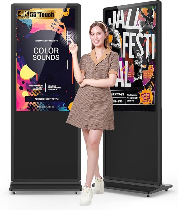 65 Inch Digital Signage Display, 4K 2160P LCD Touchscreen Indoor Floor Standing Digital Kiosk, Auto Media Player Advertising Display Poster with Android OS Remote Control