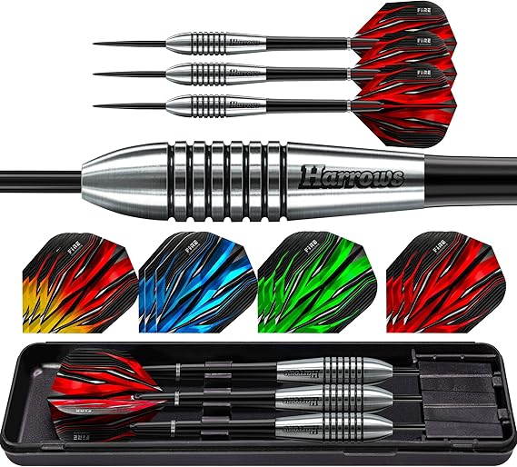 Harrows Fire Bomber Tungsten Steel Tip Darts Set – Available in 23g, 25g, 27g & 30g – Professional Tungsten Darts for Precision & Durability – Premium 20pcs Bundle with Spare Fire Flights