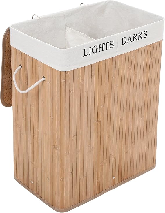 SONGMICS Bamboo Laundry Basket, 100 L Laundry Separator, Foldable Laundry Basket with 2 Compartments, Removable Laundry Bag, Rectangular Laundry Box, 52 X 63 X 32 Cm, Natural Color, Lcb64Y