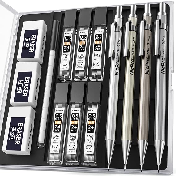Nicpro 4 Pack Mechanical Pencil 0.5 mm with Case, MB1000 Metal Mechanical Pencil Set with 6 Tube HB #2 Lead Refill 0.5mm, 3PCS 4B Eraser, 9 Cap Eraser for Artist Drafting Writing, Sketching, Drawing