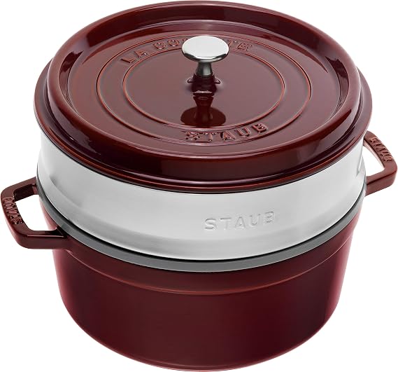 STAUB Cocotte, Cast Iron Casserole 28 cm, 6.7 L, Induction, Made in France | With Stainless Steel Steamer Insert, Aroma Rain Lid, Suitable for All Hob Types, Round, Grenadine Red