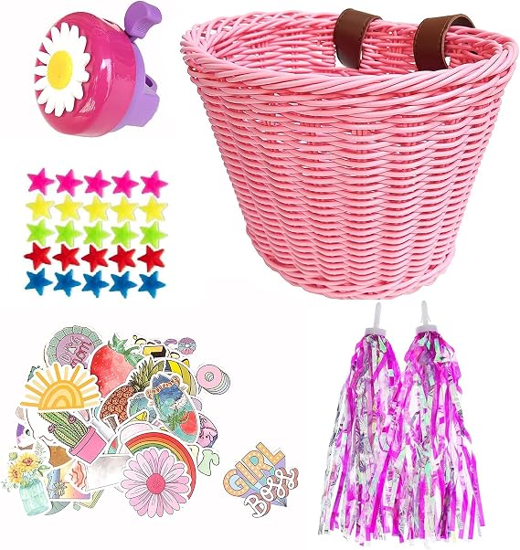 Girls Bike Decorations Accessories Kit,Kids Bike Basket Hand Woven Bicycle Basket,Child Bike Wheel Spoke Beads,Bike Streamers Tassel Ribbon, Bike Horn Bell and Stickers