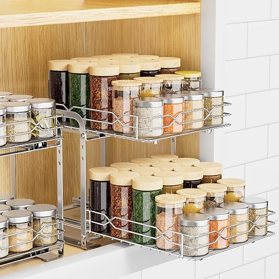 RCHYFEED Pull Out Spice Rack, 2 Tier Height Adjustable Vertical Spice Rack