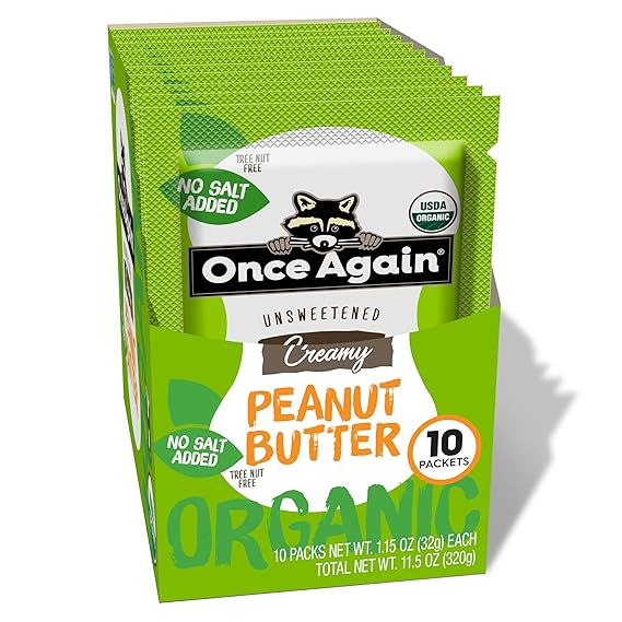 Once Again Organic Peanut Butter Packets - Individual Peanut Butter Packets for Snacks, Travel, Lunches - Single Serve Squeeze Packs - Vegan, Non-GMO, Gluten Free - 1.15 Ounce Packs, 10 Count