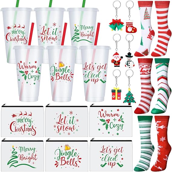 Funnymoom 24 Pcs Christmas Gifts Set Include 24 oz Merry Christmas Plastic Tumbler Cup with Lids and Straw Makeup Cosmetic Bag Crew Sock Keychain for Xmas Party Favors Winter Friendmas Gifts