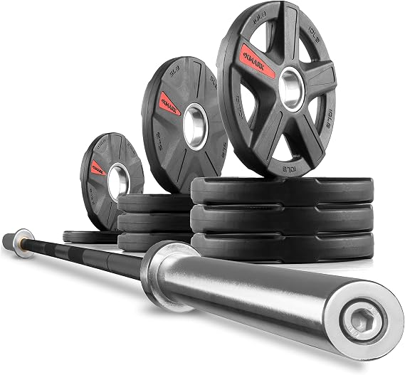 XMark TEXAS STAR Olympic Weight Plate Sets with XMark Olympic Weightlifting Bar, 2-inch Rubber Coated Olympic Grip Plate Set With 7 Olympic Bar, Great for Home Gyms