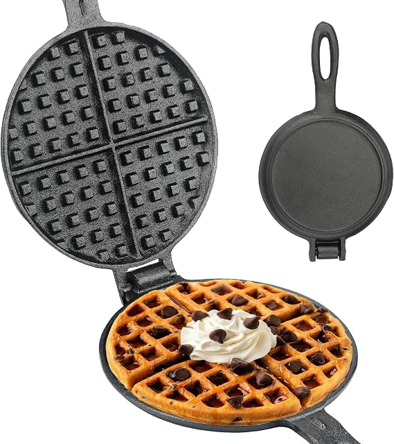 7 Inch Cast Iron Waffle Maker for Gas Stove or Camping Grill