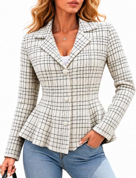 VIMPUNEC Womens Plaid Peplum Sweater Blazer Button Cardigan Jacket