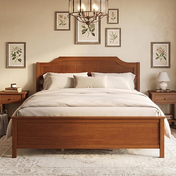 GIANTEX Queen Size Wooden Bed Frame with Headboard, Wood Slat Support