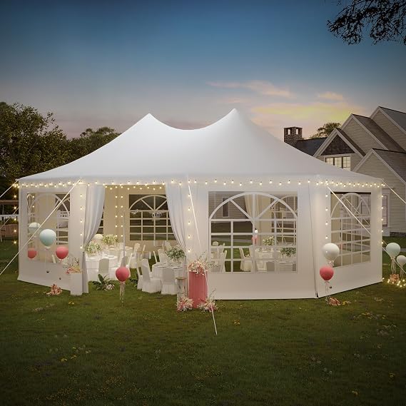EROMMY 26x19ft Party Tent, White Wedding, Decagonal Heavy Duty Canopy with 8 Removable Sidewalls, 8 Church Windows and 2 Pull-Back Doors, Outdoor Gazebo Pavilion Shelter for Party, Event