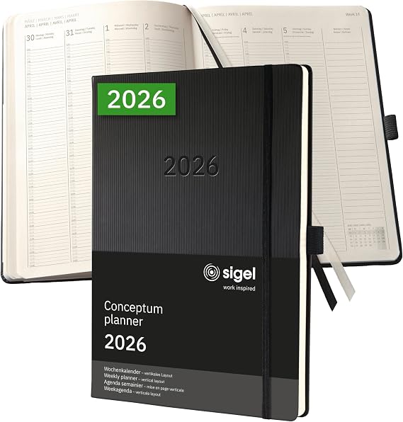 Sigel C2618 Weekly planner Conceptum 2026-1 year - A4+ black - 2 pages = 1 week - hardcover - 80 gsm - 192 p. - PEFC-certified