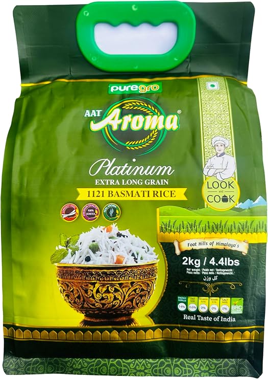 Puregro Basmati Rice 2kg | Platinum Extra Long Grain Basmati | Aroma | 1121 Basmati | Real Taste of Basmati | Premium Quality.