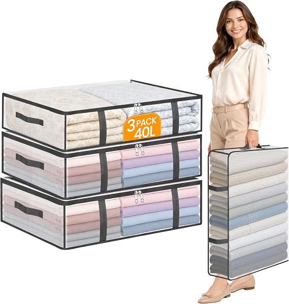 3 pack 40L Storage Bags, Clear Under Bed Storage Box with Lids