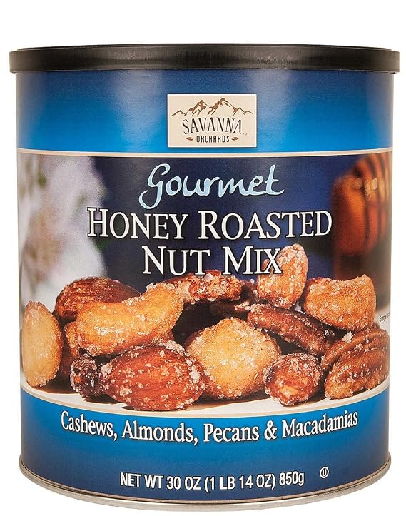 Savanna Orchards Gourmet Honey Roasted Nut Mix. Cashews, Almonds, Pecans &Macadamias. 30 oz. (Pack of1)