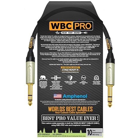 1.5 Foot - WBC-PRO-Quad Ultra-Silent Ultra-Flexible Balanced Star-Quad Cable with Amphenol QS3P-AU 14 Inch (6.35mm) Gold Straight TRS Stereo Phone Plugs & Black Tweed Jacket