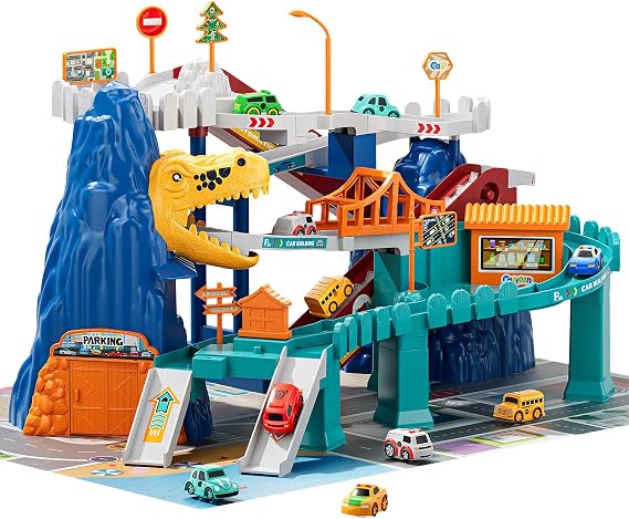 TEMI Boys Dinosaur Race Track Playset, Kids Car Garage Parking Adventure Toy with 10 Mini Cars, Educational Toy Ramp Playset for 3 4 5 7 8 Year Old Toddler Boys Preschool Girls