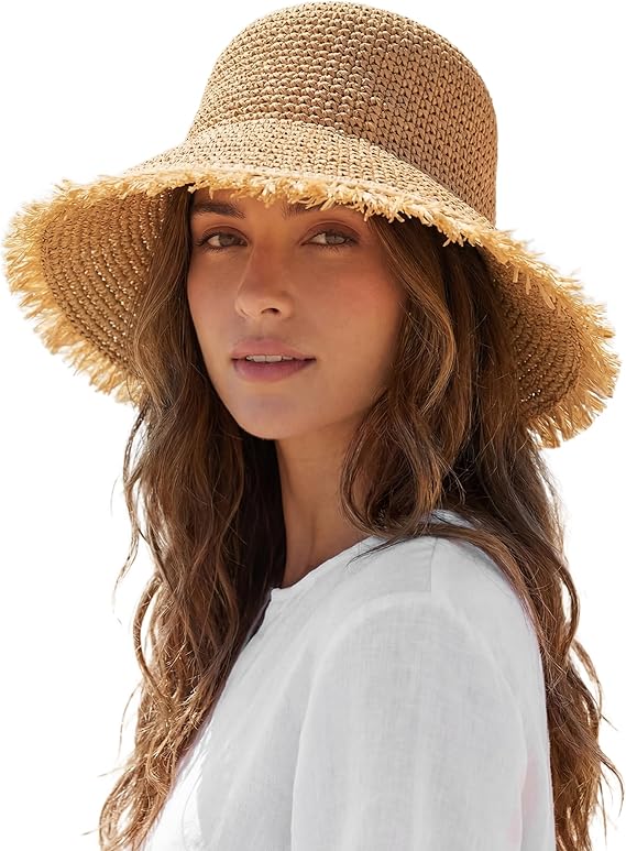 Beach Hats for Women - Straw Bucket Hats for Women, Packable Sun Hat Womens with Chin Strap, UPF 50+ Summer Protection