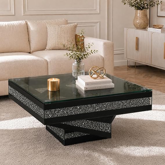 Henf 31.5'' Modern Mirrored Square Coffee Table with Shiny Crystal Decor | Glass and MDF Construction, Luxury Living Room Furniture, Black Center Table Mirrored Coffee Table, 31.5inx31.5in x17.7in