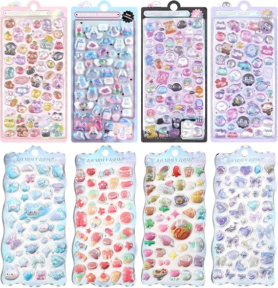 400+ Pieces Mini Kawaii Sheets Stickers, 3D Waterproof Cute Stickers, Cartoon Clear Animals Stickers, for Kids Boys Girls, Stickers for Water Bottles Scrapbook Skateboard