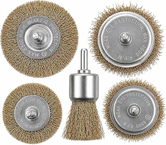 Kyrotech 5 Parça Matkap Tel Fırça Seti, Pirinç Tel Fırça Uçları, Pas Temizleme, Metal Yüzey Temizleme, 4500 RPM Dayanıklı, Matkap ve Havalı Alet Uyumlu
