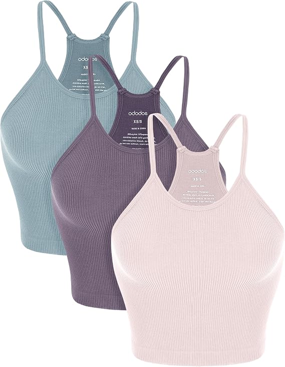 ODODOS Women's Crop 3-Pack Seamless Rib-Knit Camisole Crop Tank Tops