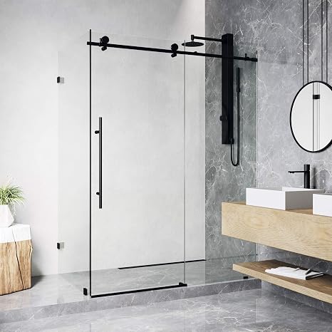 VIGO Elan E-Class 35 in. L x 46 in. W x 76 in. H Frameless Sliding Shower Enclosure in Matte Black with Clear Glass VG6053MBCL48