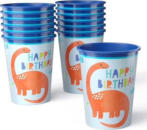 Amscan Pack of 12 Reusable 16 oz Plastic Cups Durable Party Cups for Kids, Stackable and BPA-Free Fun Dinosaur Theme Design for Birthdays, Parties, Summer & More
