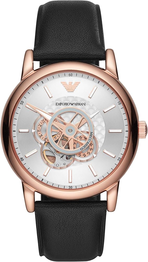 Emporio Armani Men's Automatic Movement Rose Gold Stainless Steel Case 43mm Leather Strap AR60013, Pink Gold, L, AR60013