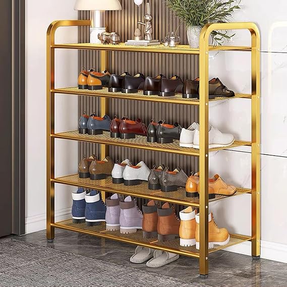 Shoe Rack 5 Tier, 31.5" Metal Shoe Organizer, Golden Mesh Shoe Shelf, 20-25 Pairs Shoe Holder, Widen Free Standing Shoe Storage for Big Size & High Heels