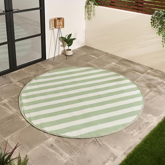 OHS Round Outdoor Rug Stripe, Weather Waterproof Reversible Garden Rugs Foldable Round Rug Non Slip Easy Clean UV Decking Lawn Patio Carpet Outdoor Mat, Sage/Cream - 170cm