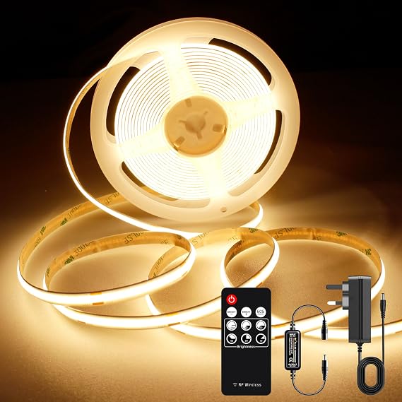 AXMOTUT COB LED Strip Lights 3m, 2700K Warm White Dimmable LED Strip, 960 LEDs Super Bright DC24V LED Light Strip CRI90+ with RF Remote and UKCA Power Supply for DIY Home Decoration [Energy Class F]