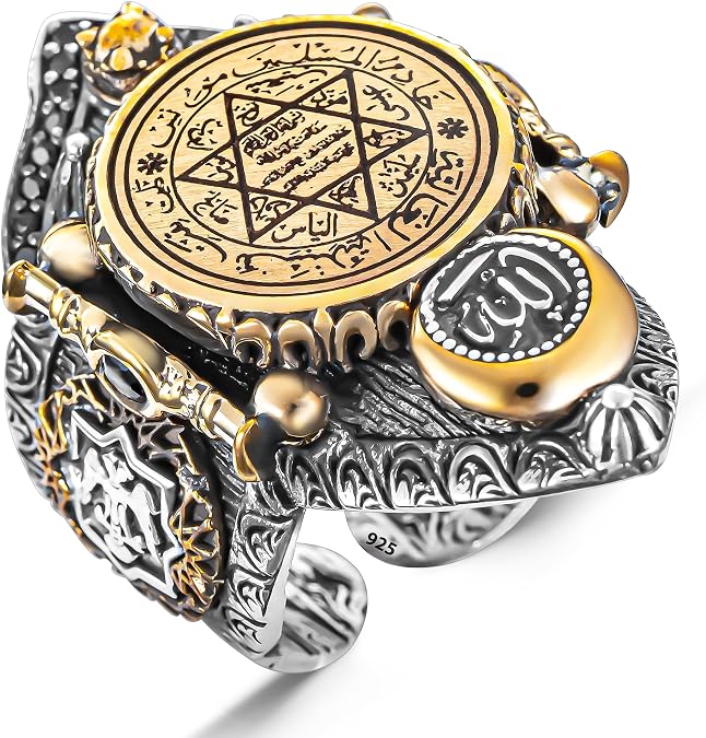 Protection Amulet Seven Archangels Ring in 925 Sterling Silver - Seal of Solomon Tetragrammaton Adjustable Thumb Islamic Ring for Men