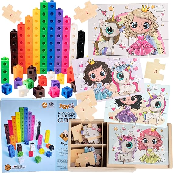 TOYLI Linking Cubes 100 Pcs Set and 4-in-1 Princess Jigsaw Wooden 48 Pcs Puzzle Building Bundle
