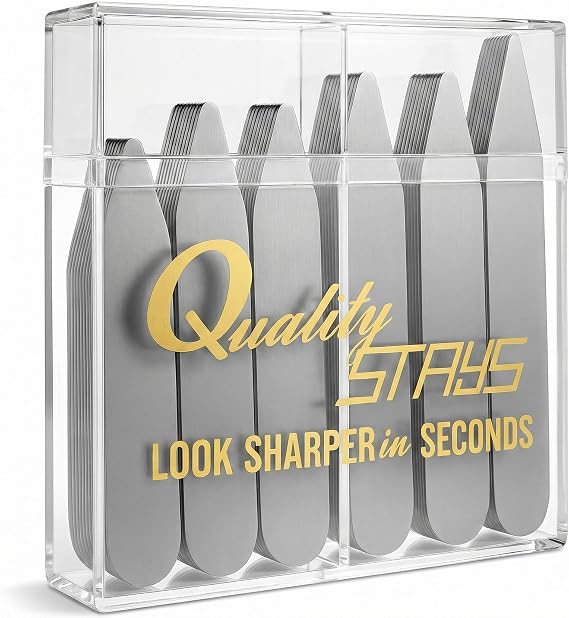 Quality Stays 52 Metal Collar Stays, Stainless Steel Dress Shirt Collar Inserts, 4 Sizes with Storage Case