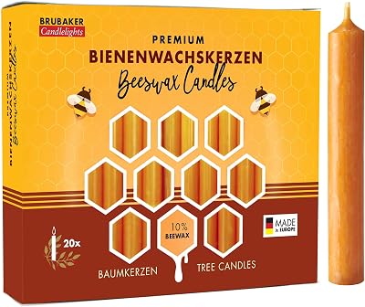 BRUBAKER 10% Beeswax Tree Candles - Pack of 20 - Honey Colored - 334 x 12 Inch 9.5 x 1.27cm - Made in Europe - Pyramids, Carousels & Chimes