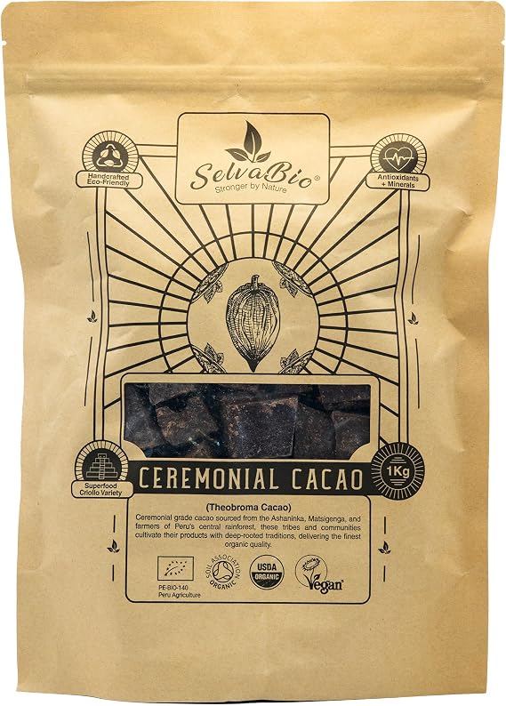 Organic Ceremonial Grade Cacao - 100% Raw Criollo Variety from Farmers and Ashaninka & Nomatsigenga Tribes in Peru, 1000g - 1kg