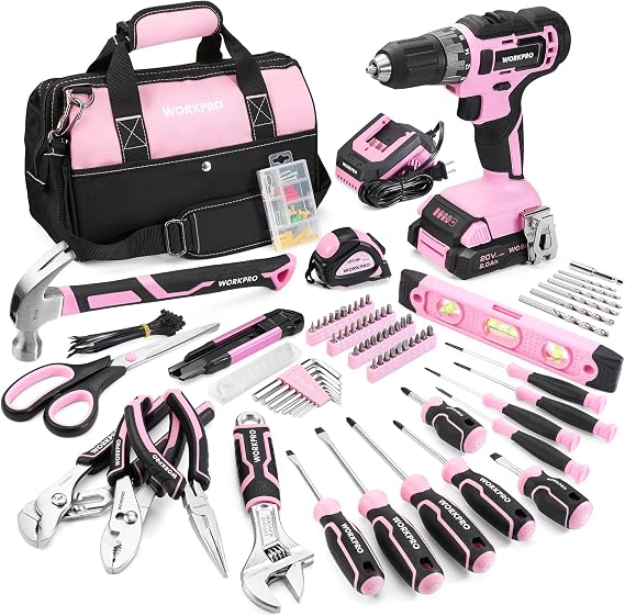 WORKPRO 20V Cordless Pink Drill Set for Women, Pink Tool Set with Bag