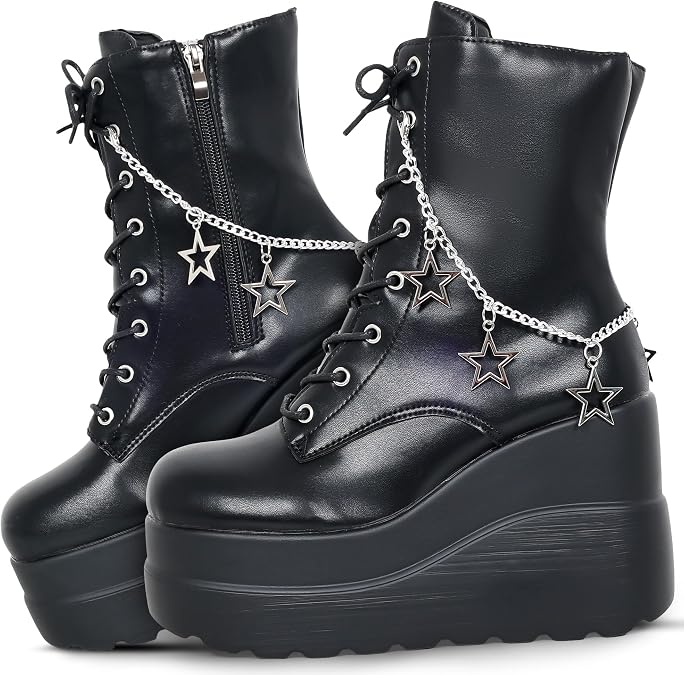 Gothniero Goth Platform Boots Black Gothic Chunky Heel Boots for Women Combat Ankle Wedge Booties with Side Zip Lace Up Size 3UK-8UK