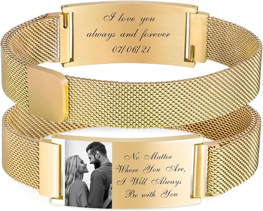Personalized Photo Bracelet for Men - Free Engraving Custom Bracelets,Hypoallergenic Stainless Steel Adjustable Engraved Wristband,Trendy Waterproof Customizable Picture Bracelet Gift for Women