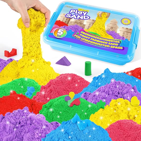 AtMini Kinetic Sand Rainbow Mix Set - 5 kg Play Sand with 6 Colors Kneading Sand for Children Sandbox with Lid for Children 3 4 5 6 7+ Years Old