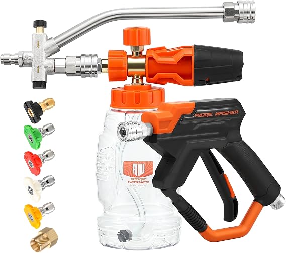 RIDGE WASHER Pressure Washer Gun Foam Cannon with Dual Connector Accessory, Double Tip Attachment for Foam Blaster, Stainless Steel Car Wash Foam Gun,