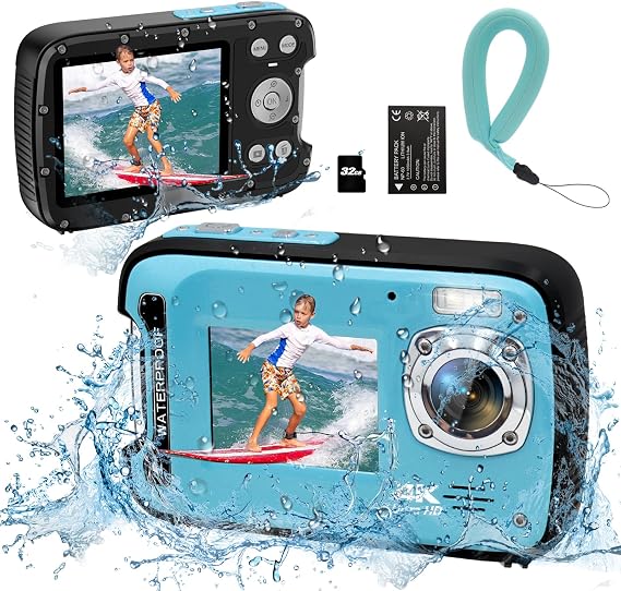 Underwater Camera 4K 48MP Autofocus Dual Screen Waterproof Camera with Floating Strap and 32GB Card, 17FT Compact Waterproof Digital Camera