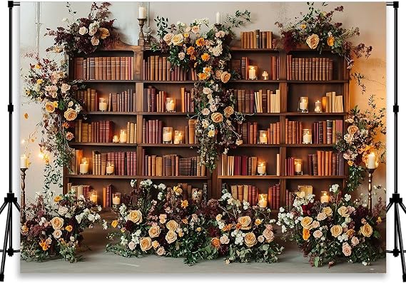 Retro Flower Book Backdrop Bookshelf Wedding Party Banner | 7x5Ft vintage library novel display, crisp print reusable vinyl for kids girls graduation back to school. YUNBDJ1869