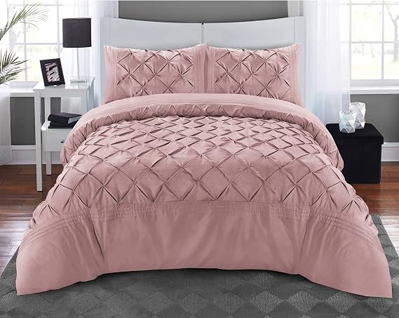 Pintuck Pink Duvet Cover Set 3 Pieces Pinch Pleat Microfiber Bedding Covers Hotel Quality Quilt Bed Sets with Pillowcases Double King Super King Size