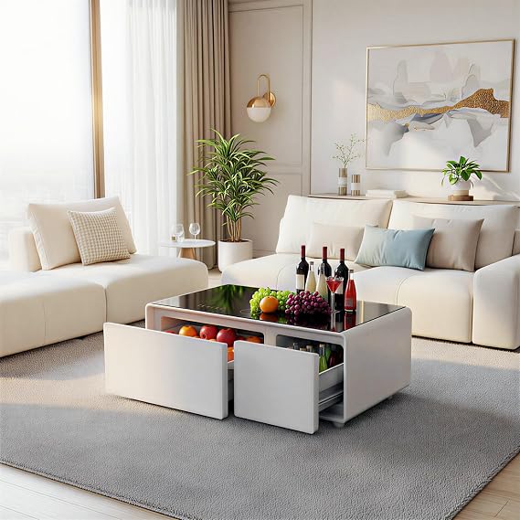 Smart Coffee Table with Fridge, White, 23"D x 41.5"W x 18.2"H